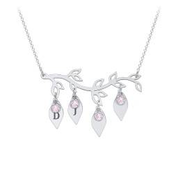 Leaf Initial Family Birthstone Necklace in 925 Sterling Silver with Pink Tourmaline