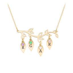 Leaf Initial Family Birthstone Necklace in 10K Solid Yellow Gold with Amethyst, Green Premium Zirconia, Cubic Zirconia, and Fancy Pink Premium Zirconia