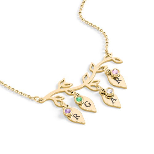Leaf Initial Family Birthstone Necklace – 10K Yellow Gold with Amethyst, Emerald, Cubic Zirconia, and Pink Tourmaline
