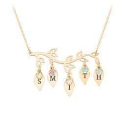 Leaf Initial Family Birthstone Necklace