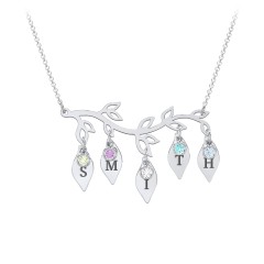 Leaf Initial Family Birthstone Necklace – Sterling Silver with Peridot, Amethyst, Cubic Zirconia, Mint Premium Zirconia, and Blue Topaz