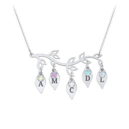 Leaf Initial Family Birthstone Necklace in 925 Sterling Silver with Peridot, Amethyst, Cubic Zirconia, Mint Premium Zirconia, and Blue Topaz