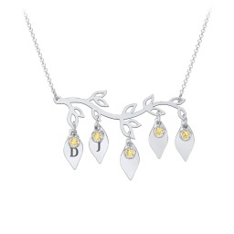 Leaf Initial Family Birthstone Necklace in 925 Sterling Silver with Citrine
