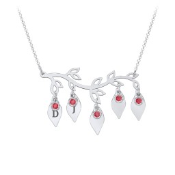 Leaf Initial Family Birthstone Necklace in 925 Sterling Silver with Garnet