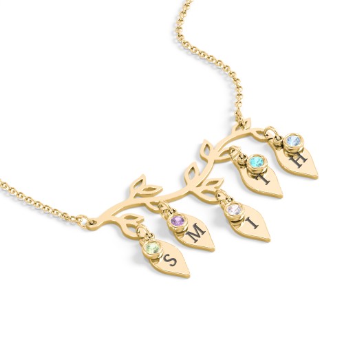 Leaf Initial Family Birthstone Necklace – 10K Yellow Gold with Peridot, Amethyst, Cubic Zirconia, Mint Premium Zirconia, and Blue Topaz