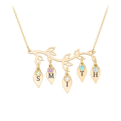 Leaf Initial Family Birthstone Necklace – 10K Yellow Gold with Peridot, Amethyst, Cubic Zirconia, Mint Premium Zirconia, and Blue Topaz