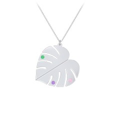 Engravable Monstera Leaf Necklace with Birthstones – Sterling Silver with Emerald, Pink Tourmaline, and Amethyst