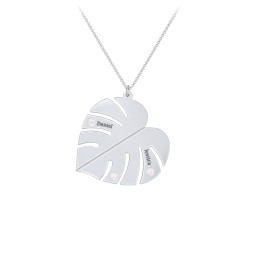 Engravable Monstera Leaf Necklace with Birthstones in 925 Sterling Silver with Cubic Zirconia, Ruby, Emerald, and Blue Sapphire