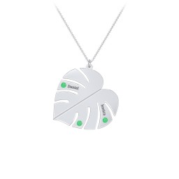 Engravable Monstera Leaf Necklace with Birthstones in 925 Sterling Silver with Emerald, Ruby, and Blue Sapphire