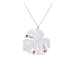 Engravable Monstera Leaf Necklace with Birthstones in 925 Sterling Silver with Ruby, Emerald, and Blue Sapphire