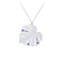 Engravable Monstera Leaf Necklace with Birthstones in 925 Sterling Silver with Blue Sapphire, Ruby, and Emerald