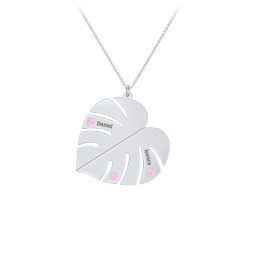 Engravable Monstera Leaf Necklace with Birthstones in 925 Sterling Silver with Pink Tourmaline, Ruby, Emerald, and Blue Sapphire