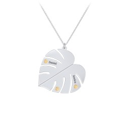 Engravable Monstera Leaf Necklace with Birthstones in 925 Sterling Silver with Citrine, Ruby, Emerald, and Blue Sapphire