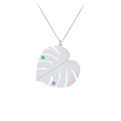 Engravable Monstera Leaf Necklace with Birthstones – Sterling Silver with Emerald, Pink Tourmaline, and Amethyst