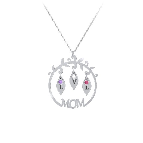 “Mom” Leaf Initial Necklace with Birthstones