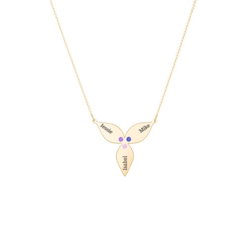 Engravable 3 Petal Flower Birthstone Necklace – 10K Yellow Gold with Amethyst, Blue Sapphire, and Pink Tourmaline