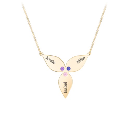 Engravable 3 Petal Flower Birthstone Necklace – 10K Yellow Gold with Amethyst, Blue Sapphire, and Pink Tourmaline