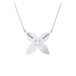 Engravable 4 Petal Flower Birthstone Necklace in 925 Sterling Silver with Pink Tourmaline and Amethyst