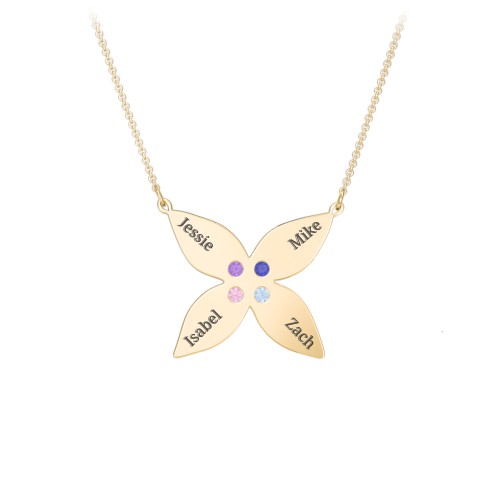 Engravable 4 Petal Flower Birthstone Necklace – 10K Yellow Gold with Amethyst, Blue Sapphire, Pink Tourmaline, and Blue Topaz