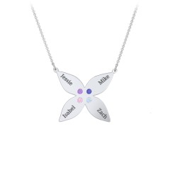 Engravable 4 Petal Flower Birthstone Necklace – Sterling Silver with Amethyst, Blue Sapphire, Pink Tourmaline, and Blue Topaz