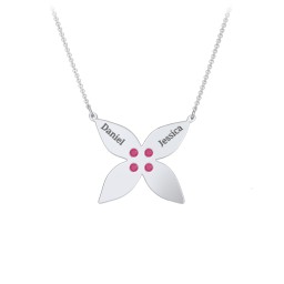 Engravable 4 Petal Flower Birthstone Necklace in 925 Sterling Silver with Ruby and Amethyst