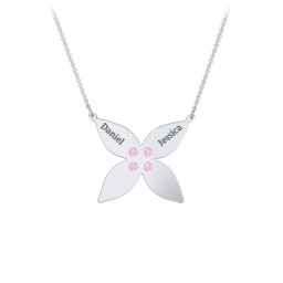 Engravable 4 Petal Flower Birthstone Necklace in 925 Sterling Silver with Pink Tourmaline and Amethyst