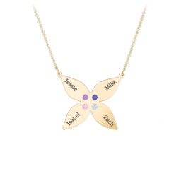Engravable 4 Petal Flower Birthstone Necklace in 10K Solid Yellow Gold with Amethyst, Blue Sapphire, Pink Tourmaline, and Blue Topaz