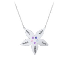 Engravable 5 Petal Flower Birthstone Necklace – Sterling Silver with Amethyst, Blue Sapphire, Pink Tourmaline, and Blue Topaz