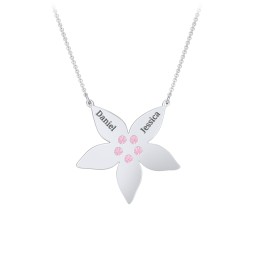 Engravable 5 Petal Flower Birthstone Necklace in 925 Sterling Silver with Pink Tourmaline