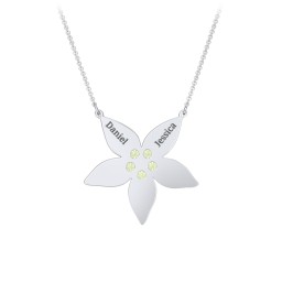 Engravable 5 Petal Flower Birthstone Necklace in 925 Sterling Silver with Peridot