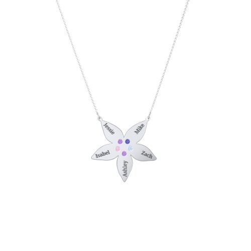 Engravable 5 Petal Flower Birthstone Necklace – Sterling Silver with Amethyst, Blue Sapphire, Pink Tourmaline, and Blue Topaz