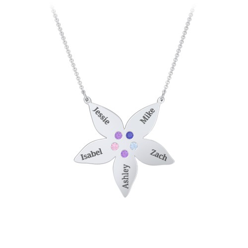 Engravable 5 Petal Flower Birthstone Necklace – Sterling Silver with Amethyst, Blue Sapphire, Pink Tourmaline, and Blue Topaz