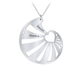 Engravable Spiral Heart Shell Birthstone Necklace in 925 Sterling Silver with Aquamarine, Blue Topaz, Diamond, and Pink Tourmaline