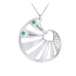 Engravable Spiral Heart Shell Birthstone Necklace in 925 Sterling Silver with Emerald, Blue Topaz, Diamond, and Pink Tourmaline