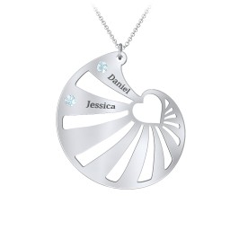 Engravable Spiral Heart Shell Birthstone Necklace in 925 Sterling Silver with Blue Topaz, Diamond, and Pink Tourmaline