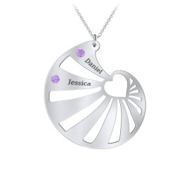 Engravable Spiral Heart Shell Birthstone Necklace in 925 Sterling Silver with Amethyst, Blue Topaz, Diamond, and Pink Tourmaline
