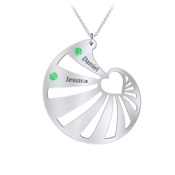 Engravable Spiral Heart Shell Birthstone Necklace in 925 Sterling Silver with Emerald, Blue Topaz, Diamond, and Pink Tourmaline
