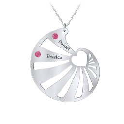 Engravable Spiral Heart Shell Birthstone Necklace in 925 Sterling Silver with Ruby, Blue Topaz, Diamond, and Pink Tourmaline