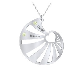 Engravable Spiral Heart Shell Birthstone Necklace in 925 Sterling Silver with Peridot, Blue Topaz, Diamond, and Pink Tourmaline