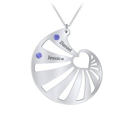 Engravable Spiral Heart Shell Birthstone Necklace in 925 Sterling Silver with Blue Sapphire, Blue Topaz, Diamond, and Pink Tourmaline