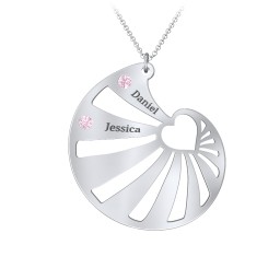 Engravable Spiral Heart Shell Birthstone Necklace in 925 Sterling Silver with Pink Tourmaline, Blue Topaz, and Diamond