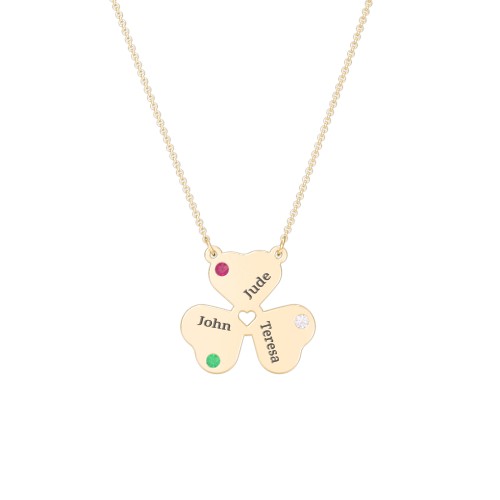 Engravable 3 Leaf Clover Birthstone Necklace – 10K Yellow Gold with Emerald, Ruby, and Cubic Zirconia