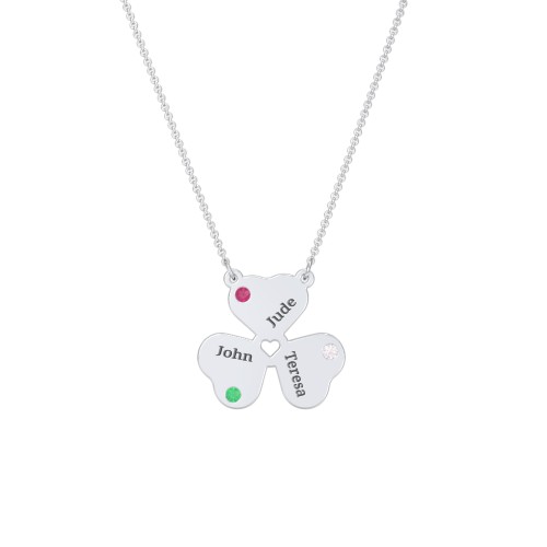 Engravable 3 Leaf Clover Birthstone Necklace – Sterling Silver with Emerald, Ruby, and Cubic Zirconia