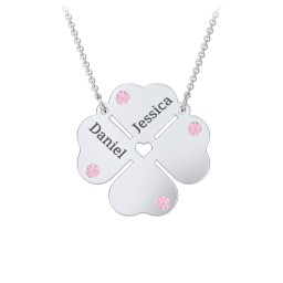 Engravable 4 Leaf Clover Birthstone Necklace in 925 Sterling Silver with Pink Tourmaline