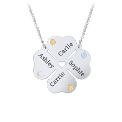 Engravable 4 Leaf Clover Birthstone Necklace – Sterling Silver with Opal, Citrine, and Blue Topaz