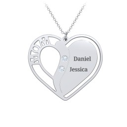 "Mom" Heart Necklace with Row of Birthstones in 925 Sterling Silver with Aquamarine, Citrine, and Red Premium Zirconia
