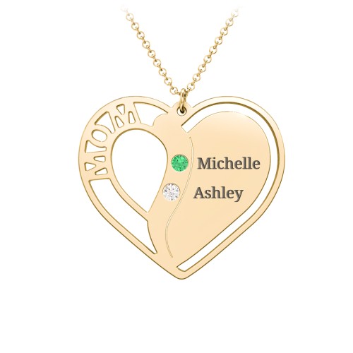 "Mom" Heart Necklace with Row of Birthstones – 10K Yellow Gold with Emerald and Cubic Zirconia