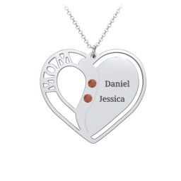 "Mom" Heart Necklace with Row of Birthstones in 925 Sterling Silver with Garnet, Citrine, and Red Premium Zirconia