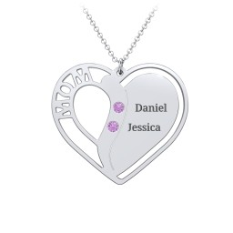 "Mom" Heart Necklace with Row of Birthstones in 925 Sterling Silver with Amethyst, Citrine, and Red Premium Zirconia