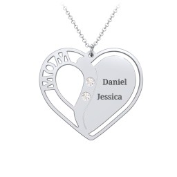 "Mom" Heart Necklace with Row of Birthstones in 925 Sterling Silver with Cubic Zirconia, Citrine, and Red Premium Zirconia
